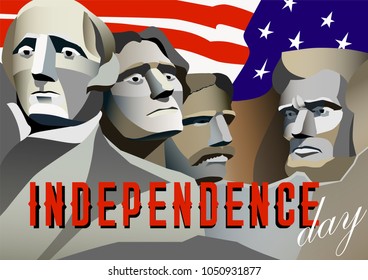 USA Independence day poster. Rushmore monument, flag USA on background and text. Vector illustration, post card.