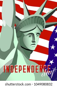 USA Independence day poster. Statue of Liberty monument, flag USA on background and text. Vector illustration, post card.