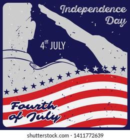 USA Independence day poster template in vintage style. US Army soldiers saluting on grunge american flag background