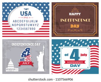 USA independence day posters set national flag and font to write your congratulations, statue of liberty, vector typography elements, greeting card design