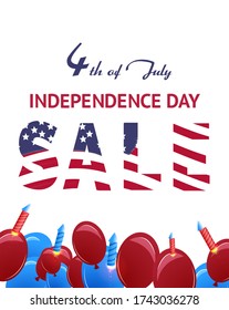 USA Independence Day Sale banner. Air balloons with rockets on the foreground. USA Independence Day banner.  Happy Independence banner. Celebration rockets.