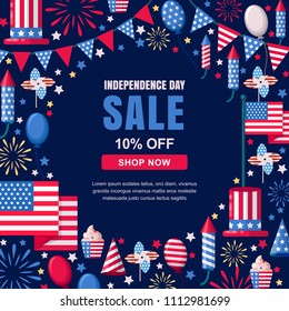 USA Independence Day sale vector banner template. Holiday navy frame background with flag and fireworks. 4 of July celebration concept.