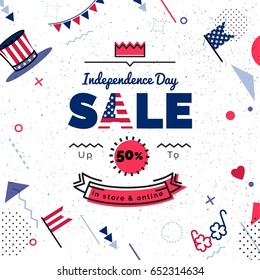 USA Independence day Sale vector illustration. Sale poster with geometric shapes. Vector background in retro 80s, 90s memphis style.