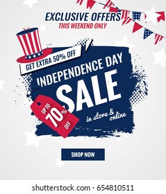 USA Independence day sale vector illustration.  Sale banner with brush strokes and holiday symbols.  Vector illustration.