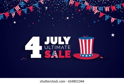 USA Independence day Sale vector illustration. Sale poster with confetti, bunting flags, text and hat. 