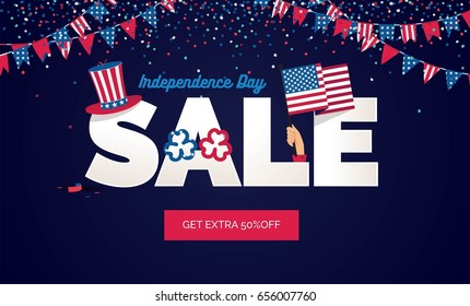USA Independence day Sale vector illustration. Sale poster with confetti, bunting flags, text and hat. 