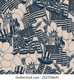 USA Independence Day seamless pattern vintage monochrome national flags and statue liberty for 4th of July holiday party vector illustration