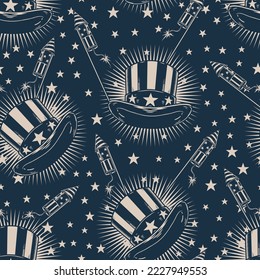 USA Independence Day seamless pattern vintage monochrome hats with firecrackers among stars for 4th of July party invitation vector illustration