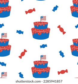 USA Independence Day seamless pattern. 4th of July theme. Cake and candies in colors of the American national flag. Vector illustration on white background.