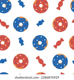 USA Independence Day seamless pattern. 4th of July theme wallpaper. Doughnut and candy in colors of the American national flag. Vector illustration on white background.