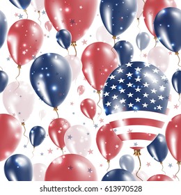 USA Independence Day Seamless Pattern. Flying Rubber Balloons in Colors of the American Flag. Happy USA Day Patriotic Card with Balloons, Stars and Sparkles.