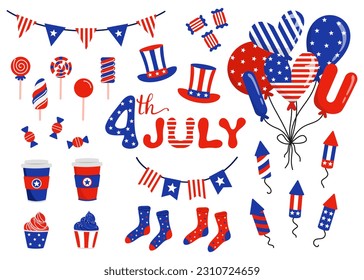 USA Independence Day. Set of design elements, icons, objects for July 4th in cartoon flat style.