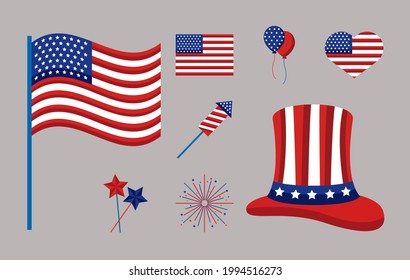 conjunto de ocho iconos del día de la independencia de estados unidos