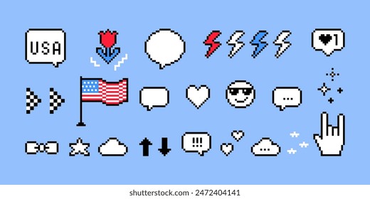 USA Independence Day. Set of pixel art speech bubbles and elements. 4th of July concept. American flag. Y2k trendy playful pixelated stickers. 8 bit retro style vector illustration in red, blue