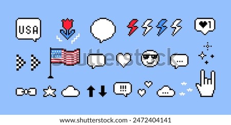 USA Independence Day. Set of pixel art speech bubbles and elements. 4th of July concept. American flag. Y2k trendy playful pixelated stickers. 8 bit retro style vector illustration in red, blue