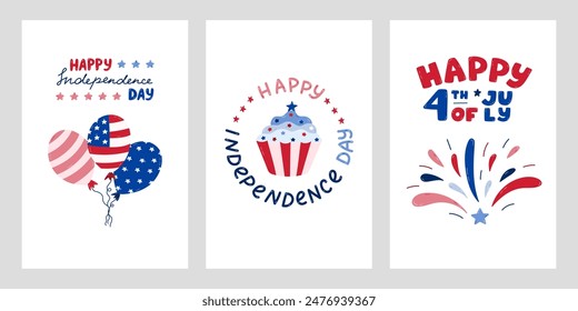 USA Independence day set of posters with hand drawn lettering and cartoon clipart. Cute hand drawn national symbols of 4th July. Firework, balloons, cupcake in colors of American flag.