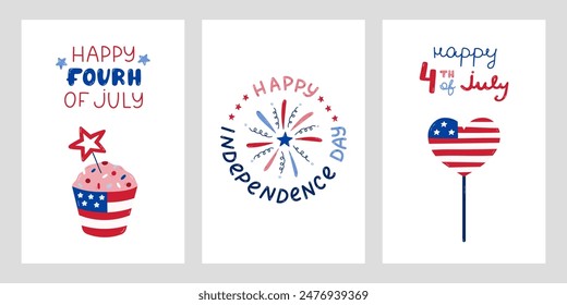 Conjunto de afiches del Día de la Independencia de Estados Unidos con letras dibujadas a mano y Clipart de dibujos animados. Lindos símbolos nacionales dibujados a mano del 4 de julio. Fuegos artificiales, corazón, magdalena con bandera americana en colores rojo, azul y blanco.