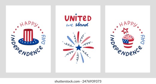 Conjunto de afiches del Día de la Independencia de Estados Unidos con letras dibujadas a mano y Clipart de dibujos animados. Lindos símbolos nacionales dibujados a mano del 4 de julio. Fuegos artificiales, sombrero de Tío Sam, magdalena en colores de la bandera estadounidense.