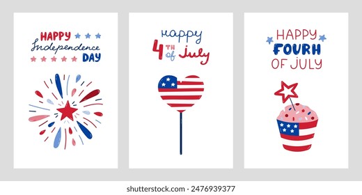 Conjunto de afiches del Día de la Independencia de Estados Unidos con letras dibujadas a mano y Clipart de dibujos animados. Lindos símbolos nacionales dibujados a mano del 4 de julio. Fuegos artificiales, corazón bandera de EE.UU., magdalena con estrella.