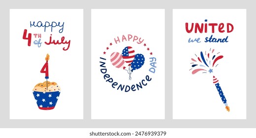 USA Independence day set of posters with hand drawn lettering and cartoon clipart. Cute hand drawn national symbols of 4th July. Firework with rocket, bunch of balloons, cupcake in colors of US flag.