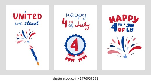 Conjunto de afiches del Día de la Independencia de Estados Unidos con letras dibujadas a mano y Clipart de dibujos animados. Lindos símbolos nacionales dibujados a mano del 4 de julio. Fuegos artificiales, insignia de la estrella con el número cuatro en colores de la bandera estadounidense.