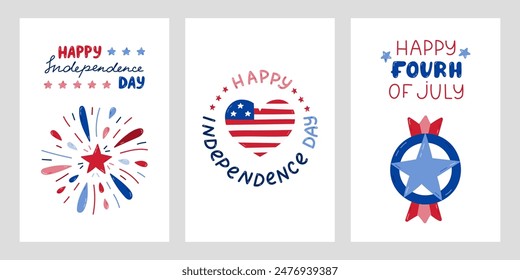 Conjunto de afiches del Día de la Independencia de Estados Unidos con letras dibujadas a mano y Clipart de dibujos animados. Lindos símbolos nacionales dibujados a mano del 4 de julio. Fuegos artificiales, insignia de la estrella, corazón con la bandera americana en los colores de EE.UU.