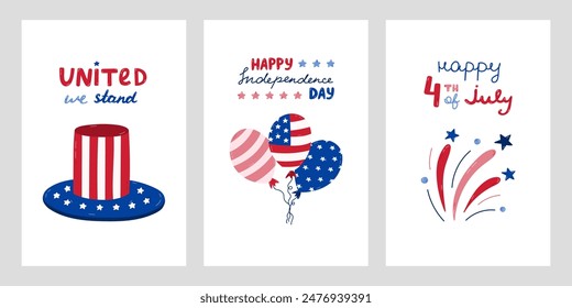 Conjunto de afiches del Día de la Independencia de Estados Unidos con letras dibujadas a mano y Clipart de dibujos animados. Lindos símbolos nacionales dibujados a mano del 4 de julio. Fuegos artificiales, globo, sombrero del Tío Sam en colores de la bandera estadounidense.