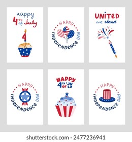 USA Independence day set of posters with hand drawn lettering and cartoon clipart. Cute national symbols of 4th July. Firework with rocket, star badge, balloons, cupcake in colors of American flag.