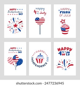 Conjunto de afiches del Día de la Independencia de Estados Unidos con letras dibujadas a mano y Clipart de dibujos animados. Lindos símbolos nacionales del 4 de julio. Fuegos artificiales, insignia de estrella, globo, magdalena, bandera americana en forma de corazón.