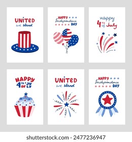 USA Independence day set of posters with hand drawn lettering and cartoon clipart. Cute national symbols of 4th July. Firework, star badge, balloon, Uncle Sam hat, cupcake in colors of American flag.