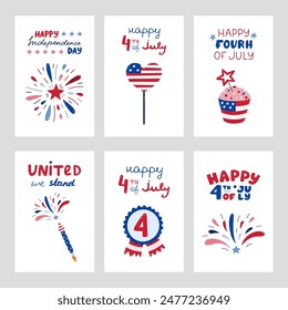 Conjunto de afiches del Día de la Independencia de Estados Unidos con letras dibujadas a mano y Clipart de dibujos animados. Lindos símbolos nacionales del 4 de julio. Fuegos artificiales, cohete, insignia de estrella, magdalena, bandera americana en forma de corazón.