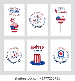 USA Independence day set of posters with hand drawn lettering and cartoon clipart. Cute national symbols of 4th July. Firework, star badge, Uncle Sam hat, cupcake, heart in colors of American flag.