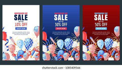 USA Independence Day. Set of vector poster or sale banner template. Holiday white, red and dark blue background with flag, air balloons and fireworks. 4 of July celebration concept.