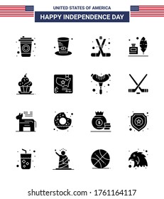 USA Independence Day Solid Glyph Set of 16 USA Pictograms of dessert; american; ice hockey; ink bottle; adobe Editable USA Day Vector Design Elements
