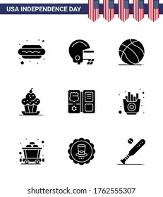 USA Independence Day Solid Glyph Set of 9 USA Pictograms of shield; thanksgiving; ball; sweet; dessert Editable USA Day Vector Design Elements
