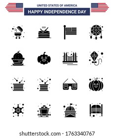 USA Independence Day Solid Glyph Set of 16 USA Pictograms of muffin; cake; states; western; decoration Editable USA Day Vector Design Elements