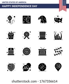 Juego de Glifos Sólidos del Día de la Independencia de EE.UU. de 16 Pictogramas de papas fritas; rápido; ave; ee.uu. estados Editable USA Day Vector Design Elements