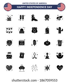 USA Independence Day Solid Glyph Set of 25 USA Pictograms of war; army; shose; medal; independece Editable USA Day Vector Design Elements