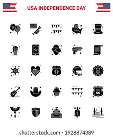 USA Independence Day Solid Glyph Set of 25 USA Pictograms of location pin; usa; american day; states; party Editable USA Day Vector Design Elements
