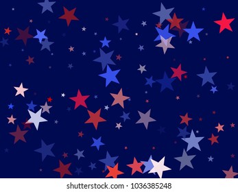 USA Independence Day stars flying background.  Holiday confetti in US flag colors for President Day. Red blue stars American patriotic pattern. 4th of July festive stardust.