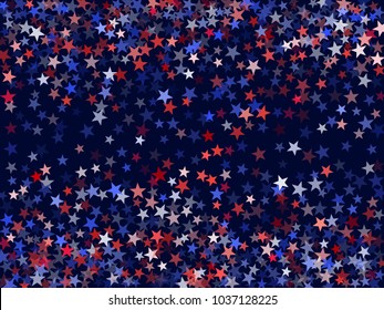 USA Independence Day stars flying background.  Holiday confetti in US flag colors for Independence Day. Red blue stars flying American patriotic pattern. July 4 cool stardust on dark blue.