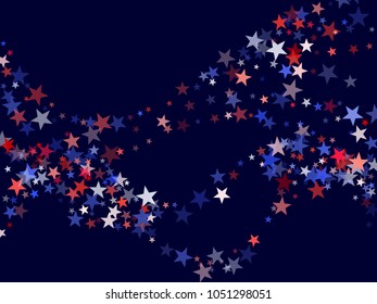 USA Independence Day stars flying background.  Holiday confetti in USA flag colors for President Day. Red blue stars American patriotic banner. 4th of July stardust on dark blue.