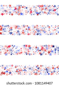 USA Independence Day stars flying background.  Holiday confetti in US flag colors for President Day. Red blue stars American patriotic banner. 4th of July festive stardust on white.