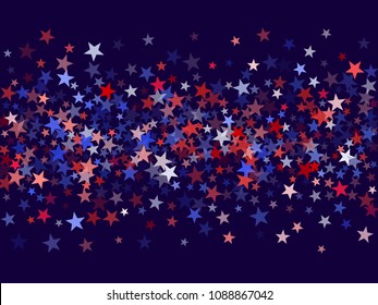 USA Independence Day stars flying background.  Holiday confetti in USA flag colors for Independence Day. Red blue stars American patriotic banner. July 4 cool stardust on blue.