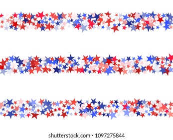 USA Independence Day stars flying background.  Holiday confetti in US flag colors for President Day. Red blue stars flying American patriotic pattern. July 4 stardust elements on white.