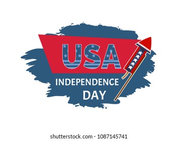 USA Independence day sticker with headline and petard, celebration of national holiday, brush title label vector illustration isolated on white