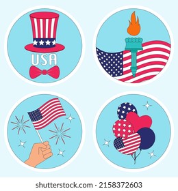 Juego de stickers del Día de la Independencia de Estados Unidos. Colección de pegatinas del 4 de julio de vacaciones. Bandera estadounidense. Tío sam hat