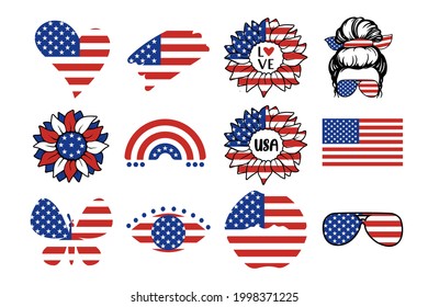 USA independence day symbols set with flag, rainbow, hearts, lips, eyes, sunflower, quotes, woman isolated on white background. Vector flat illustration. Design for banner, poster, greeting card