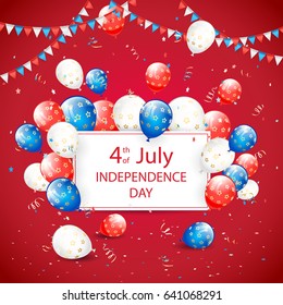 USA Independence day. Theme 4th of july with white card, flying colorful balloons, pennants and confetti on red background, illustration.