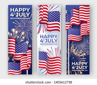 USA Independence day. Three vector vertical banners with waving American national flags and fireworks. 4th of July poster templates